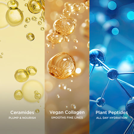 Side-by-side close-up images of skincare actives: golden ceramide oil droplets labelled 'Ceramides – Plump & Nourish,' glowing vegan collagen spheres labelled 'Vegan Collagen – Smooths Fine Lines,' and a blue molecular structure labelled 'Plant Peptides – All Day Hydration.